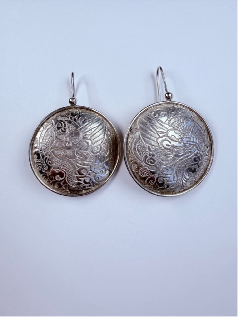 Silpada Chinese Dragon Etched 925 Sterling Silver 33MM Round Medallion Earrings